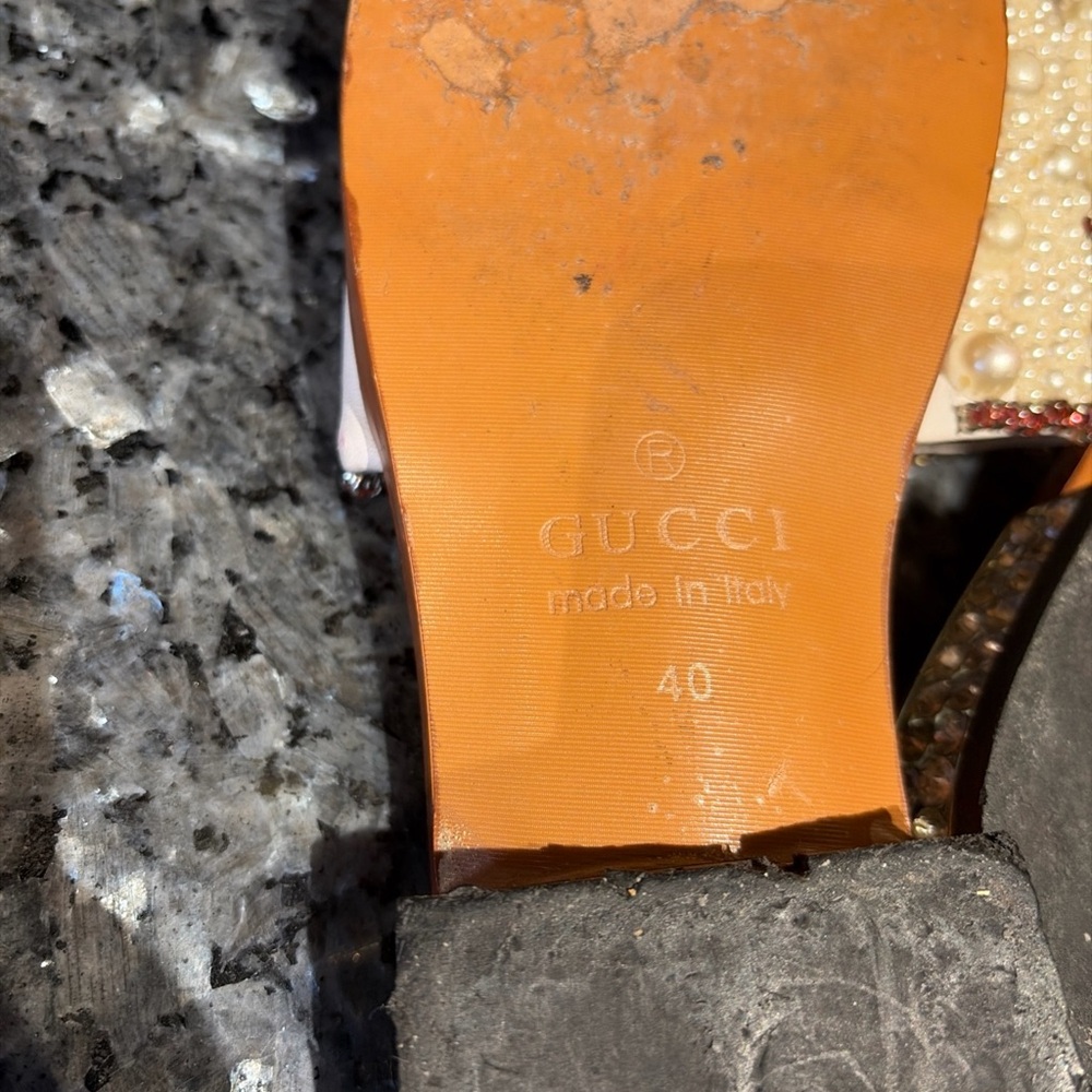 Gucci Lupe Pearl Crystal Slide Sandals Size 40 Bejeweled Pearls Stones - Picture 11 of 15